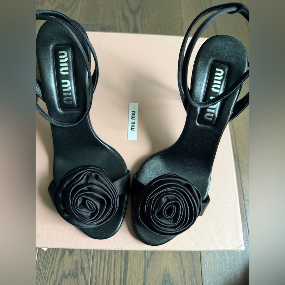 Miu Miu Black Rose Satin Sandals - Picture 6 of 10